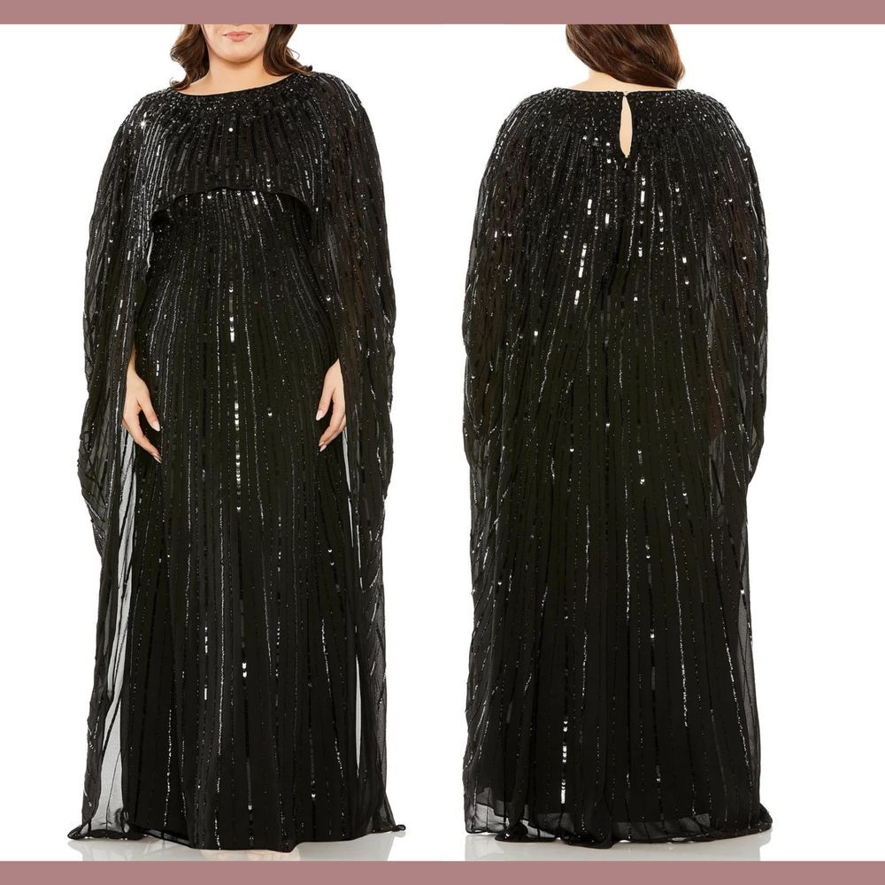 NWT $798 Mac Duggal [ 24W ] 93993 Beaded Embellished‎ Column Cape Gown Black